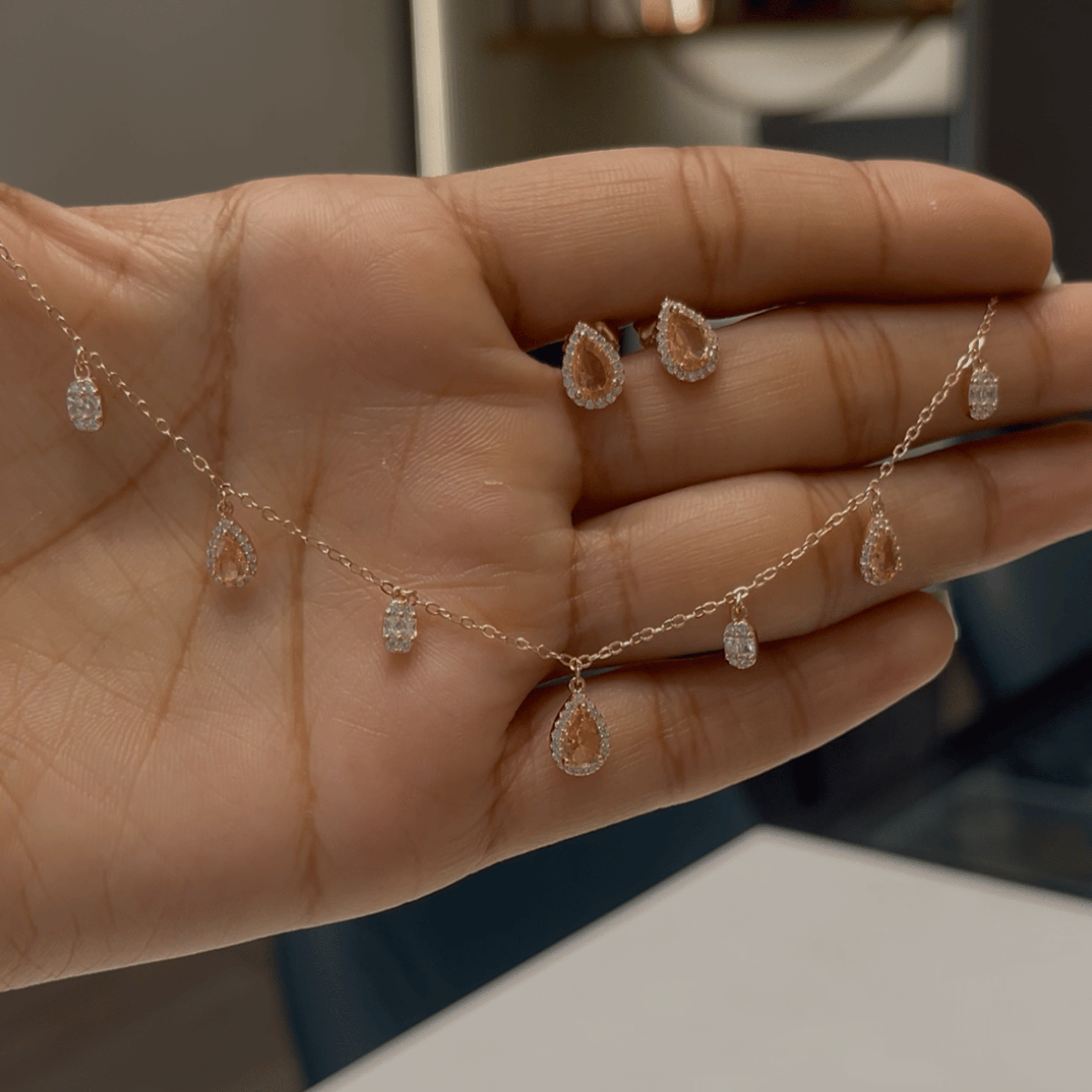 925 Silver Rose Gold Blush Drop Necklace Set