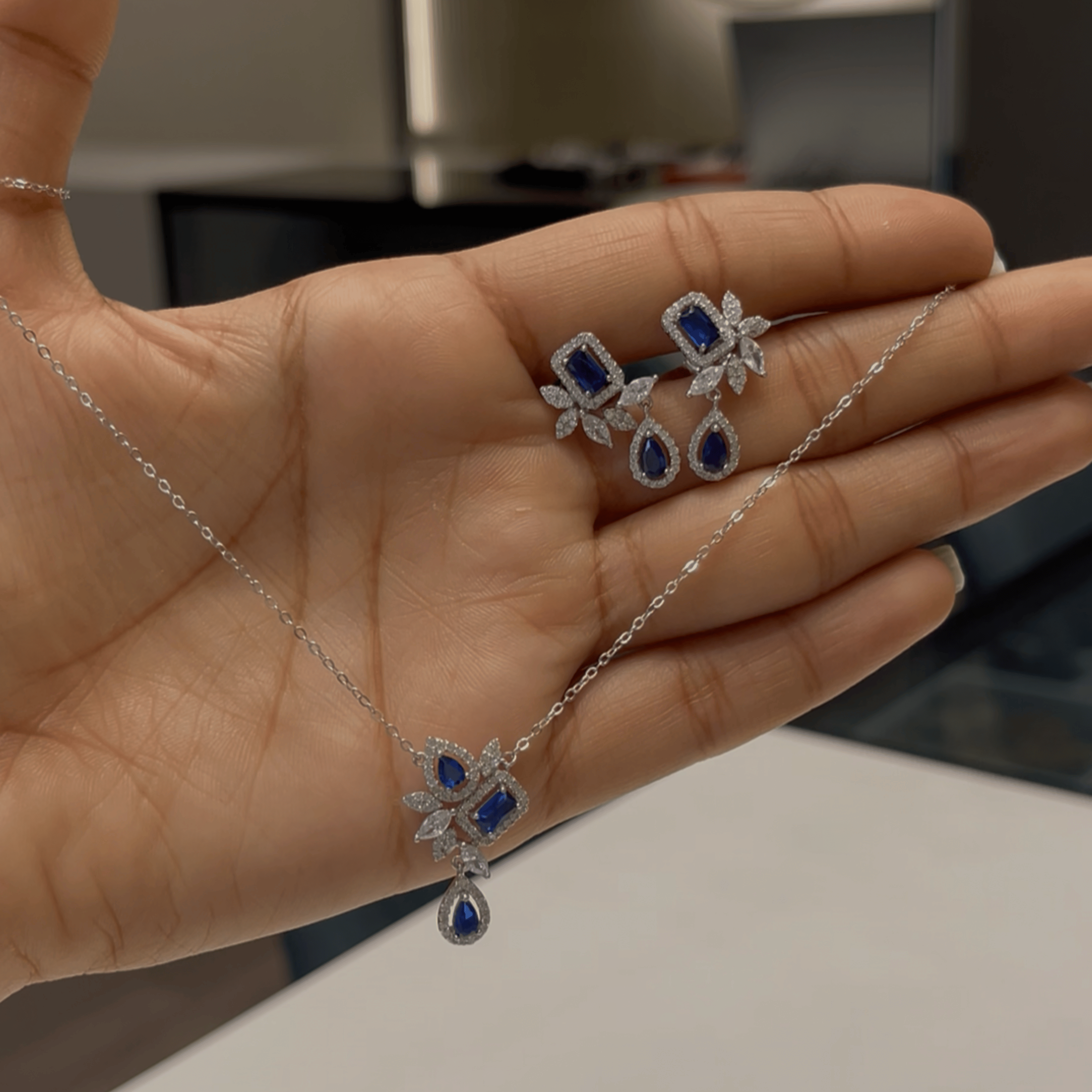 925 Silver Royal Sapphire Floral Drop Set