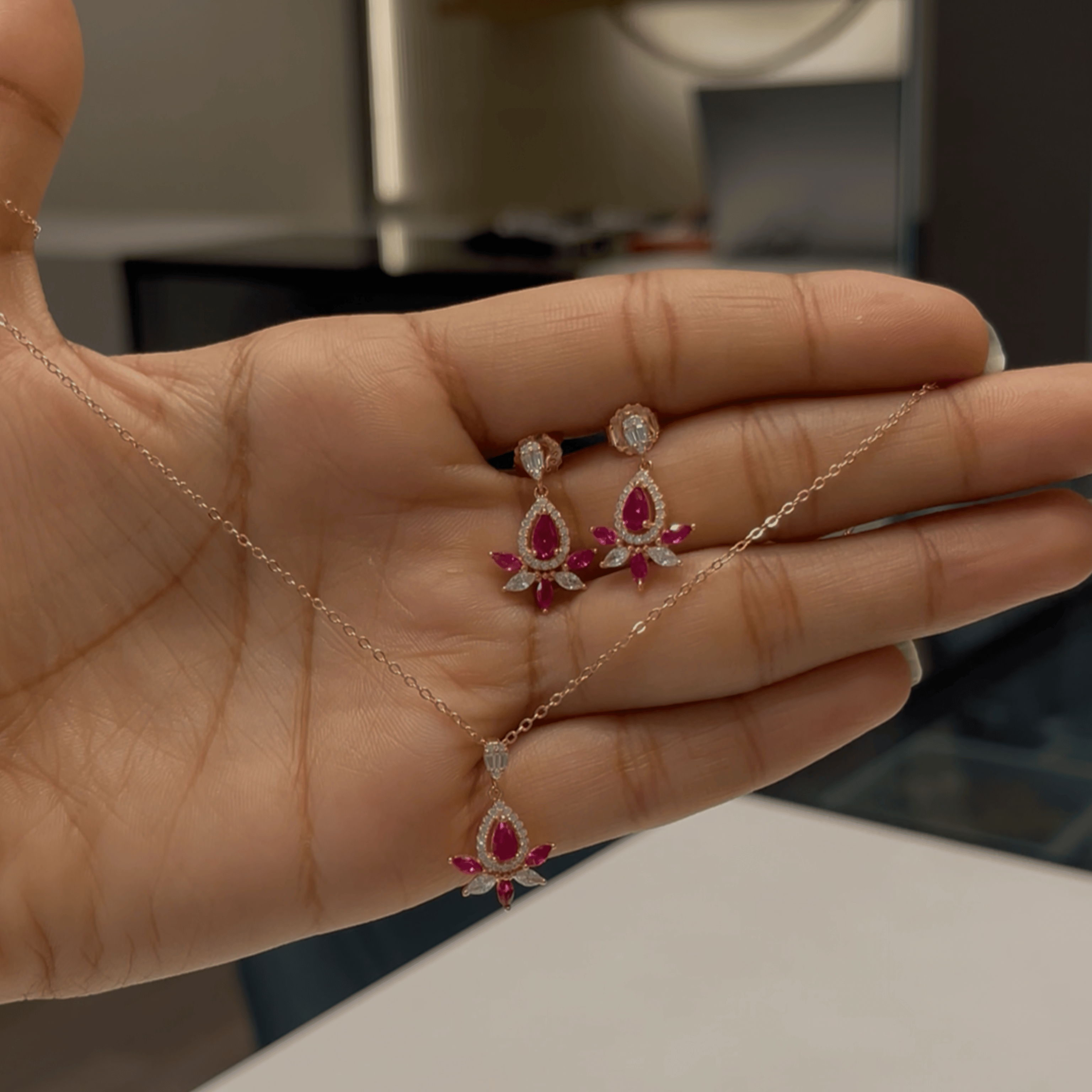 925 Silver Ruby Floral Drop Set