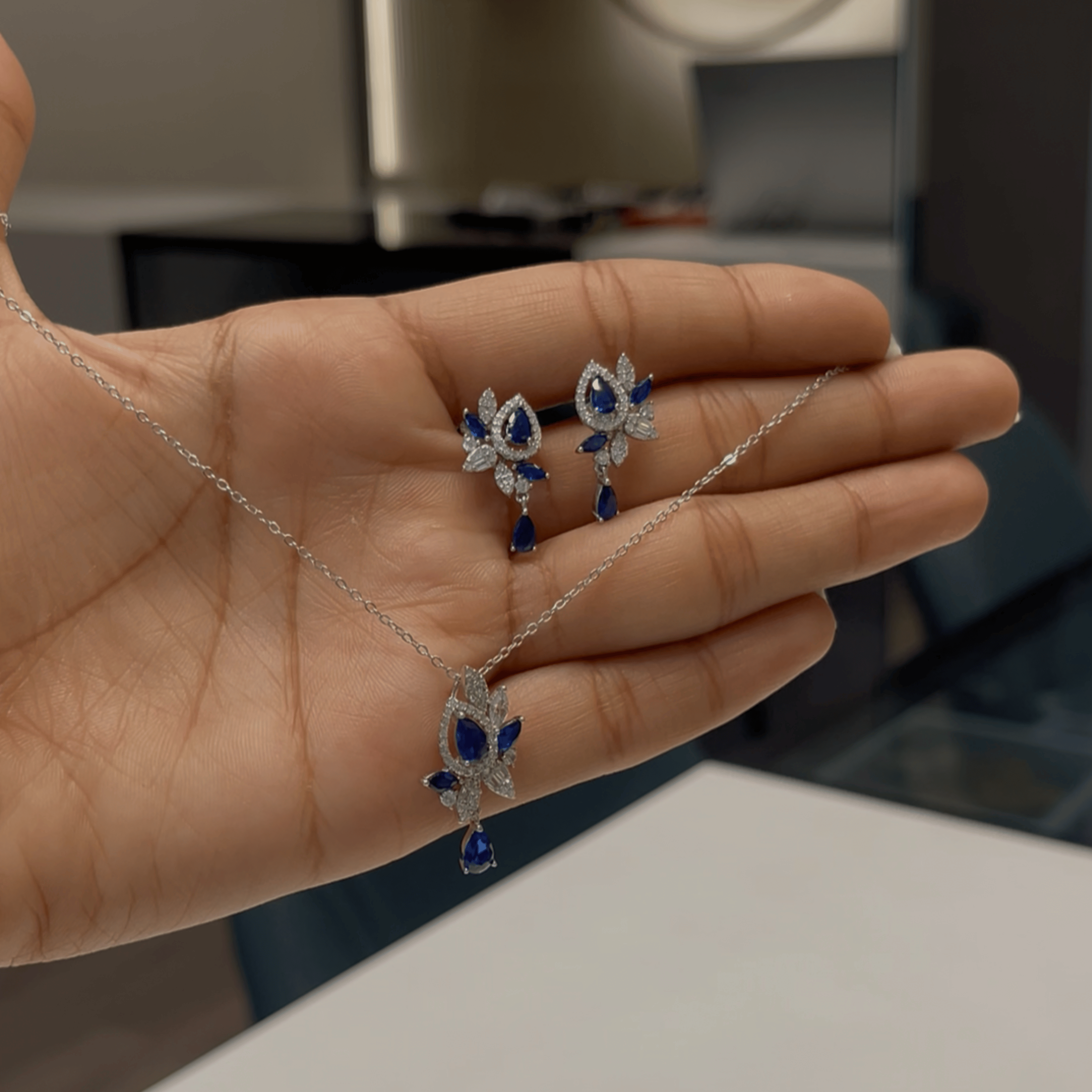 925 Silver Royal Blue Floral Drop Set