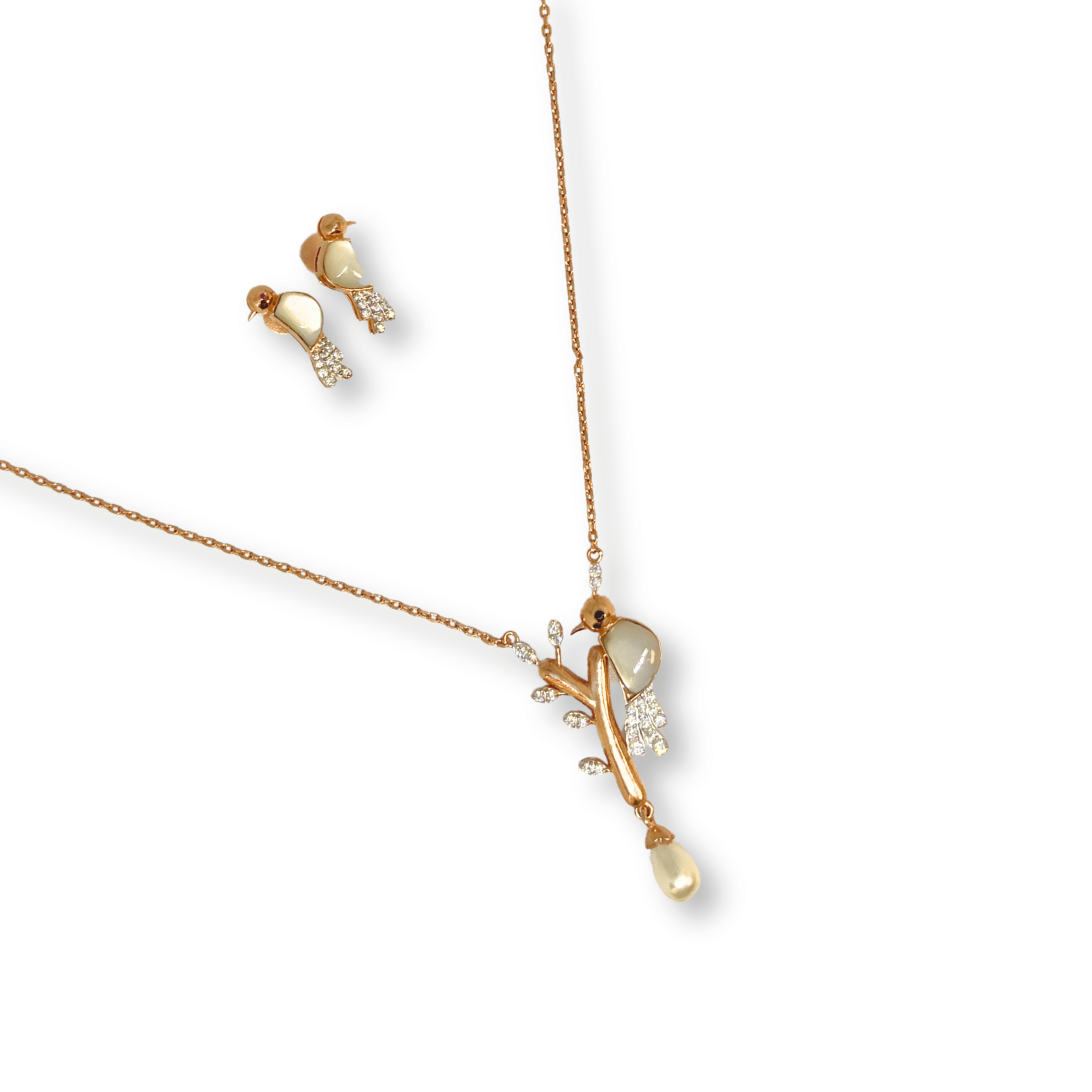 Elegant Bird Design Pearl Drop Pendant Necklace Set with Earrings