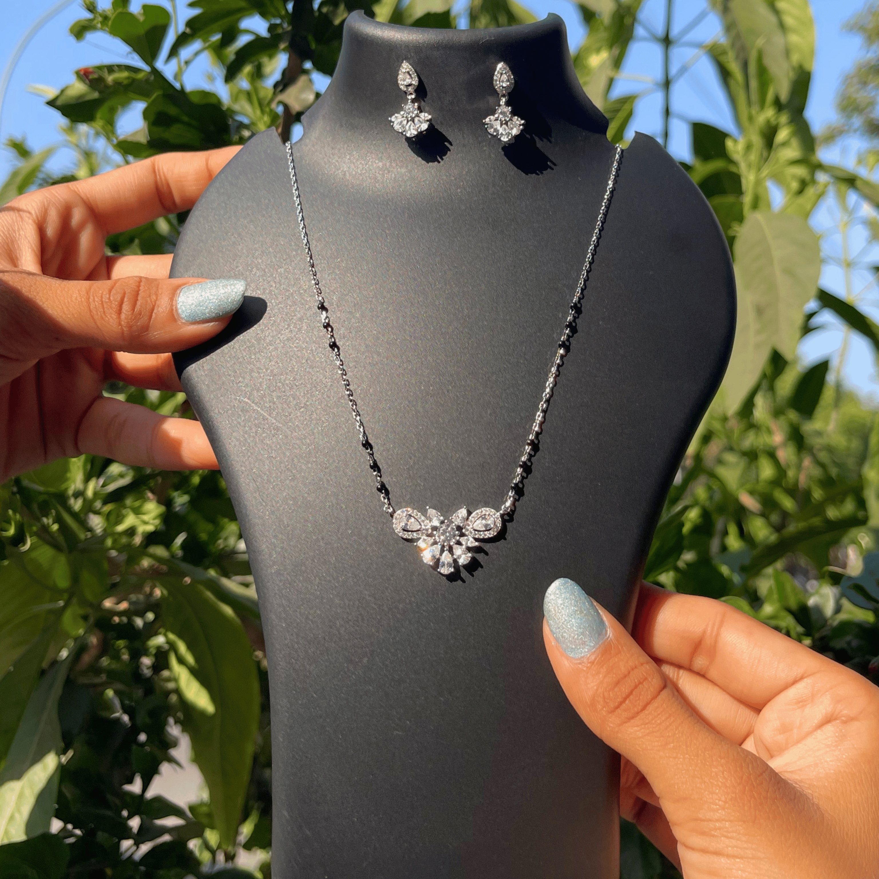 925 Silver Floral Diamond Look Mangalsutra Set