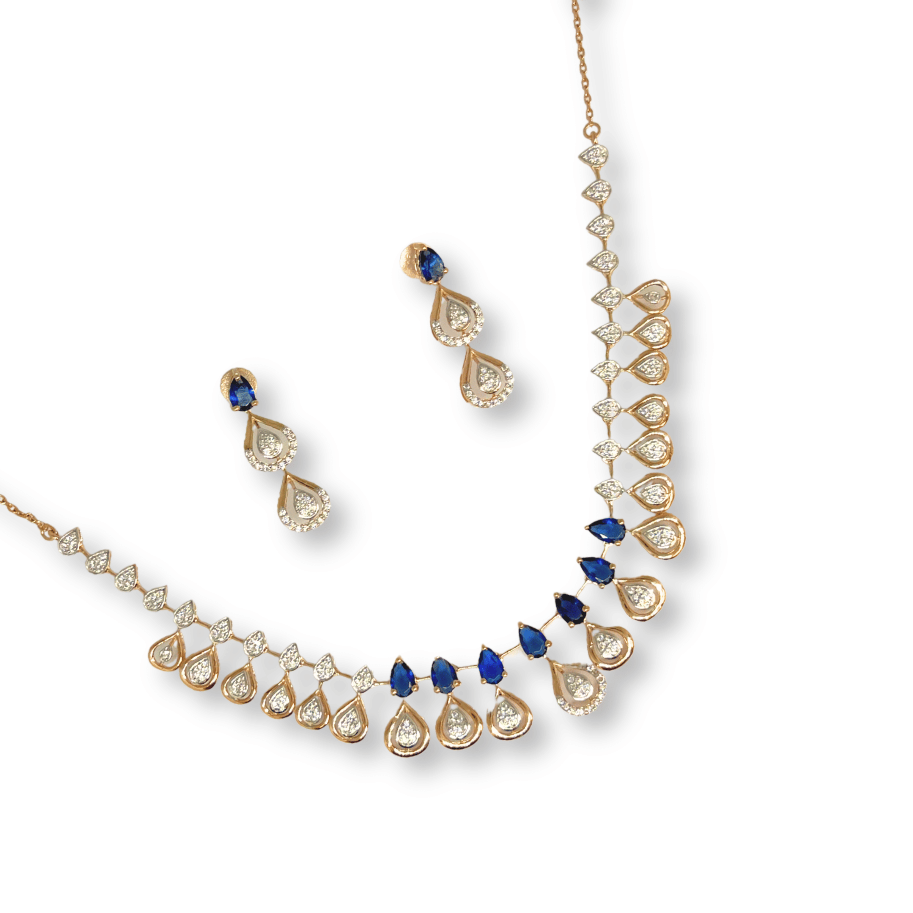 Royal Blue Teardrop CZ Necklace Set with Earrings – Premium Party & Bridal Wear