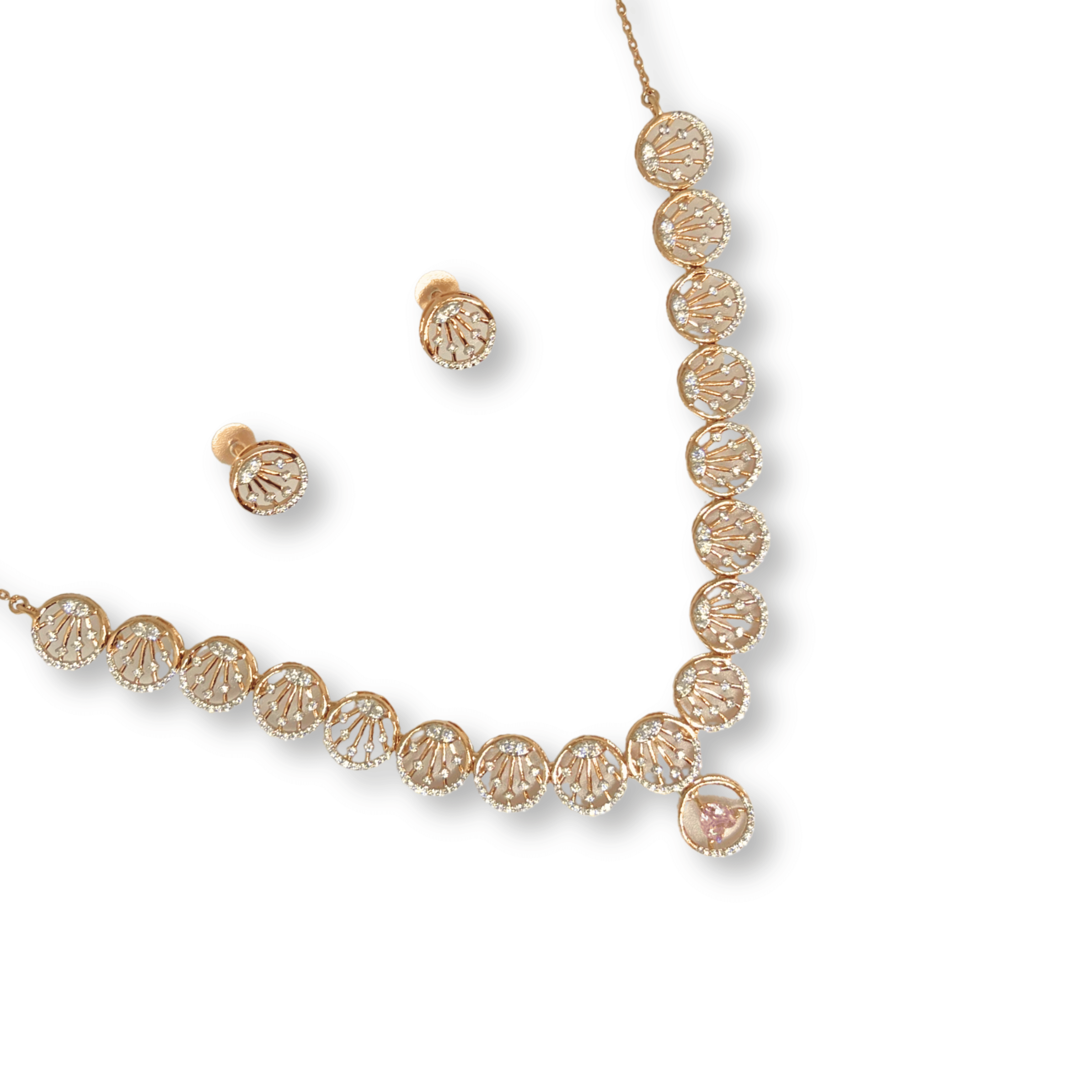 Elegant Circular CZ Necklace Set with Stud Earrings – Minimal Gold Finish Design
