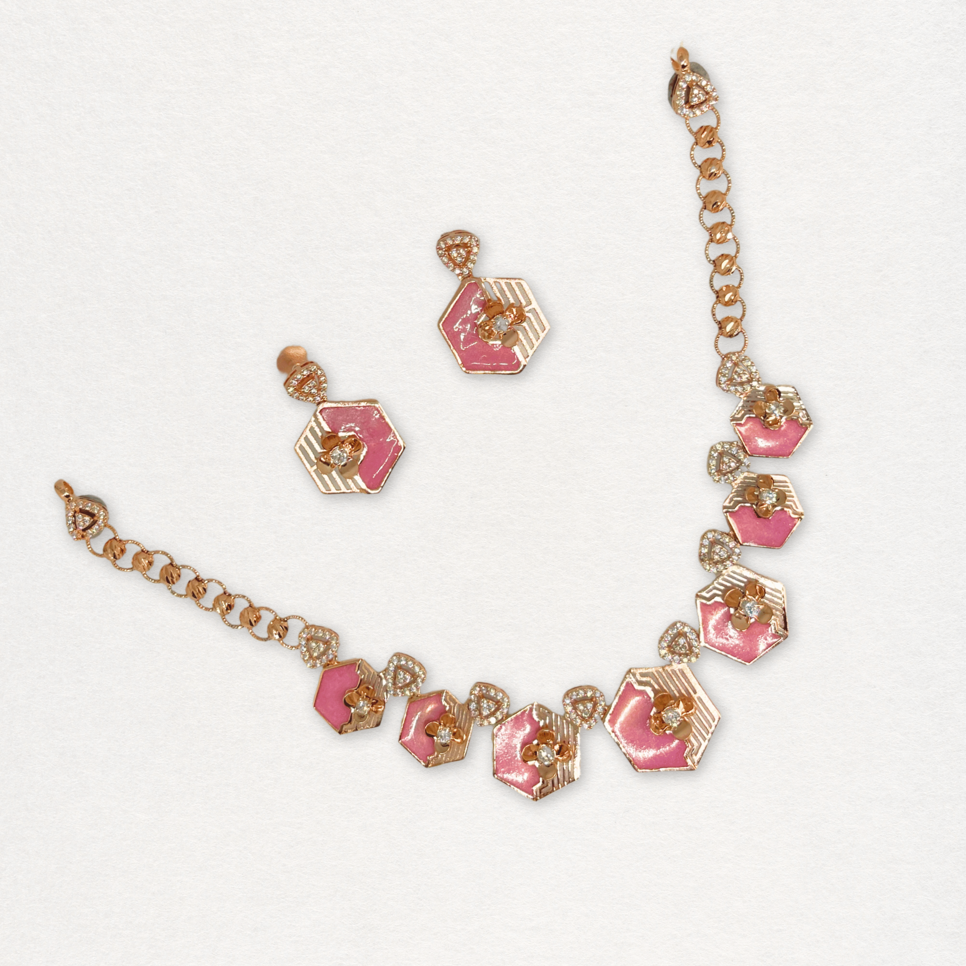 Trendy Pink Enamel Geometric Necklace Set