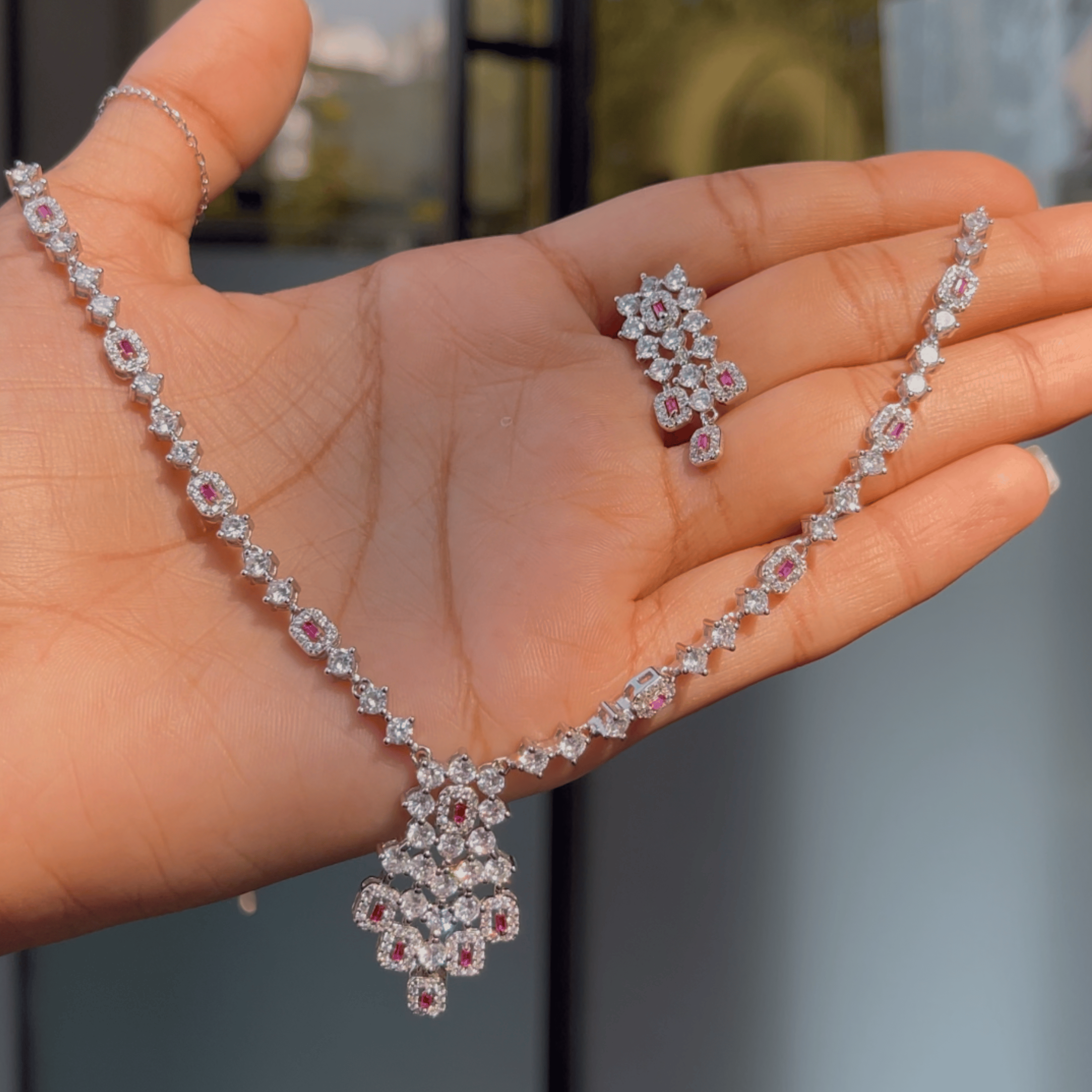 925 Silver Ruby Floral Necklace Set