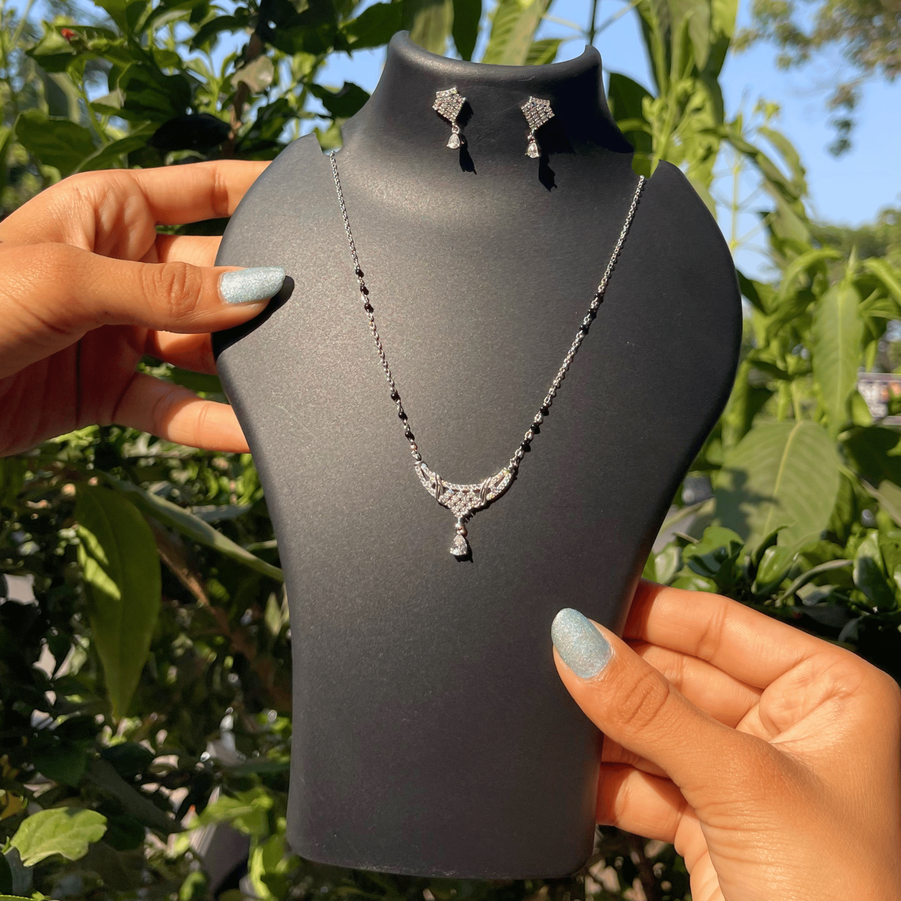 925 Silver Designer Drop Diamond Look Mangalsutra Set