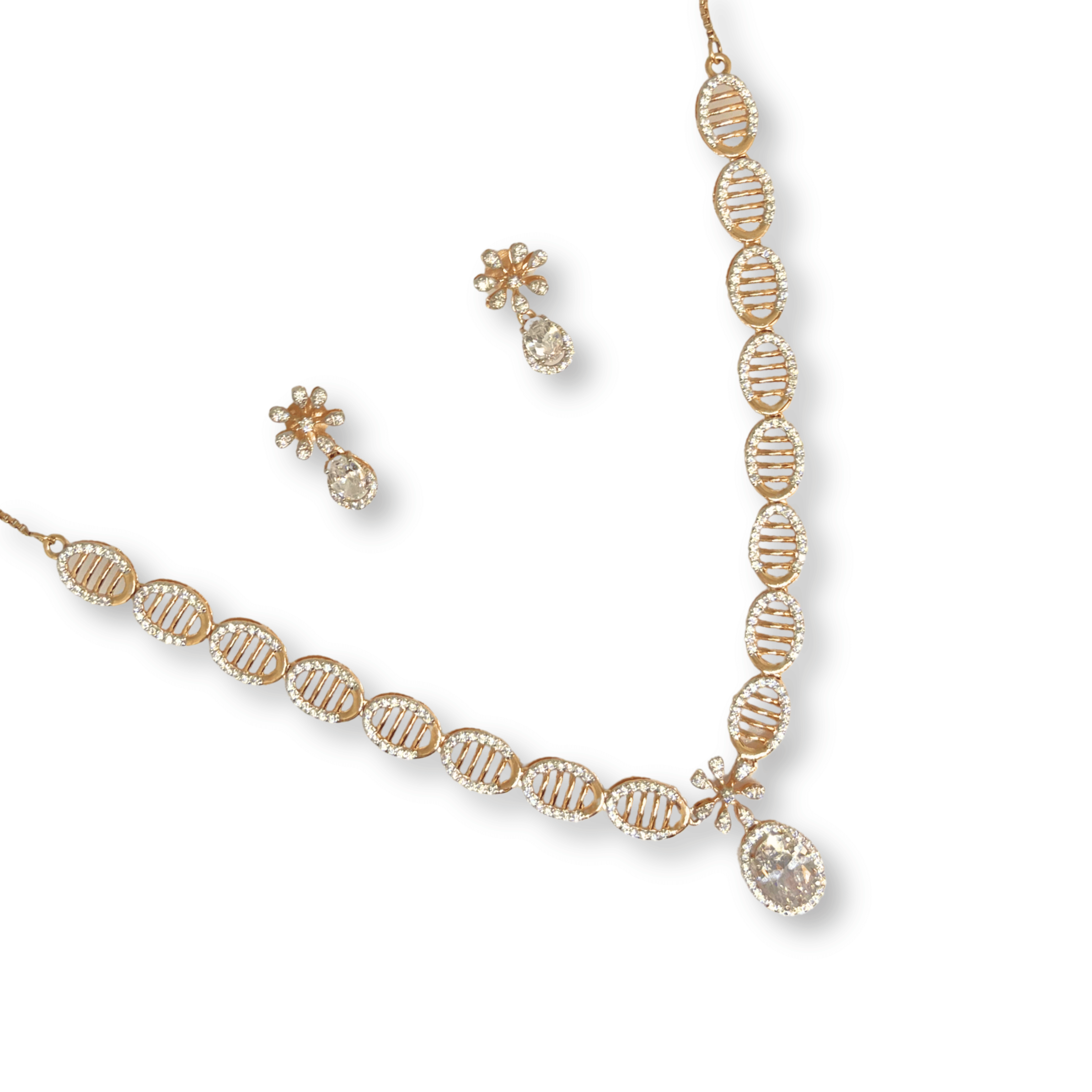 Premium Oval CZ Necklace Set with Drop Pendant & Earrings – Elegant Gold Finish Design
