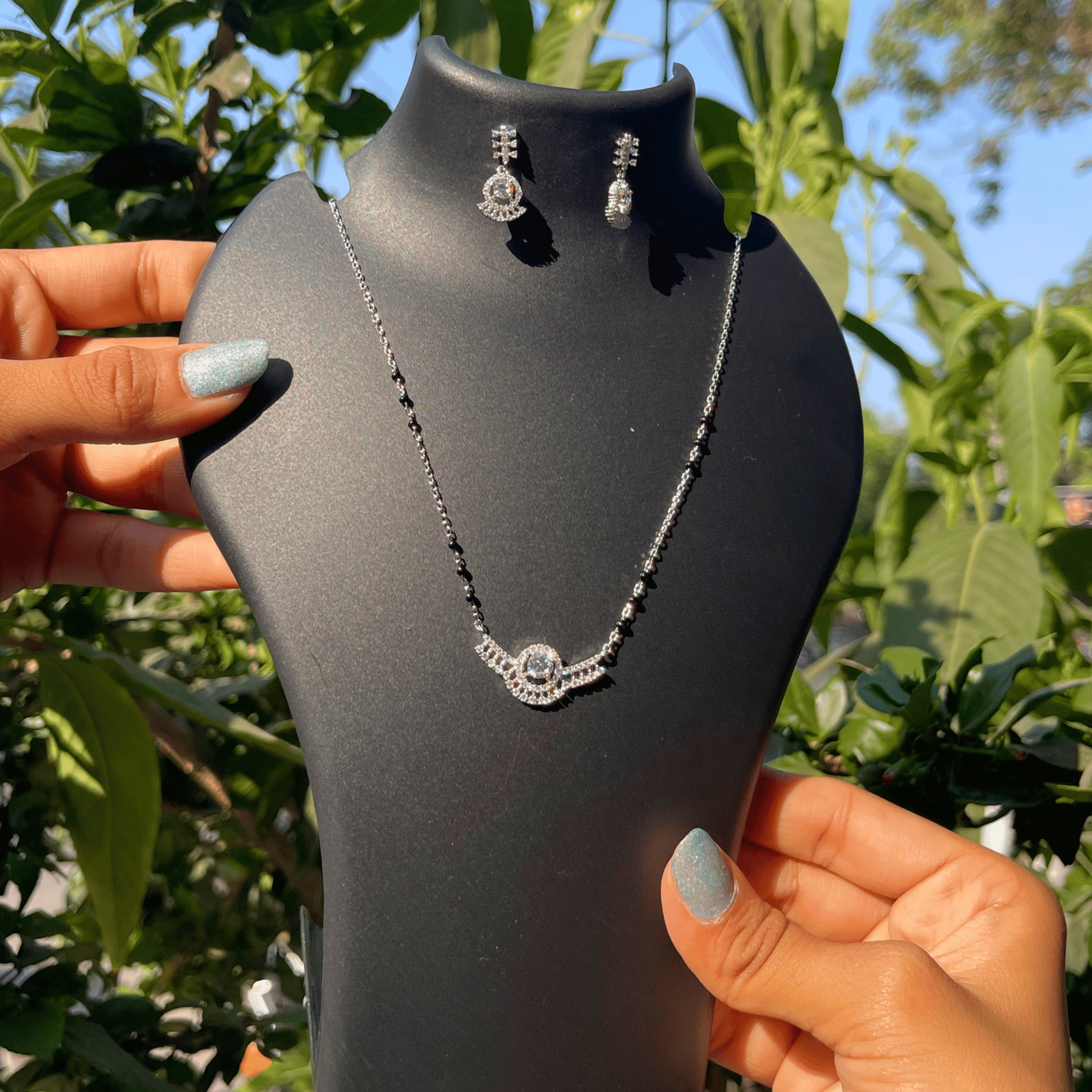 925 Silver Circular Halo Diamond Look Mangalsutra Set