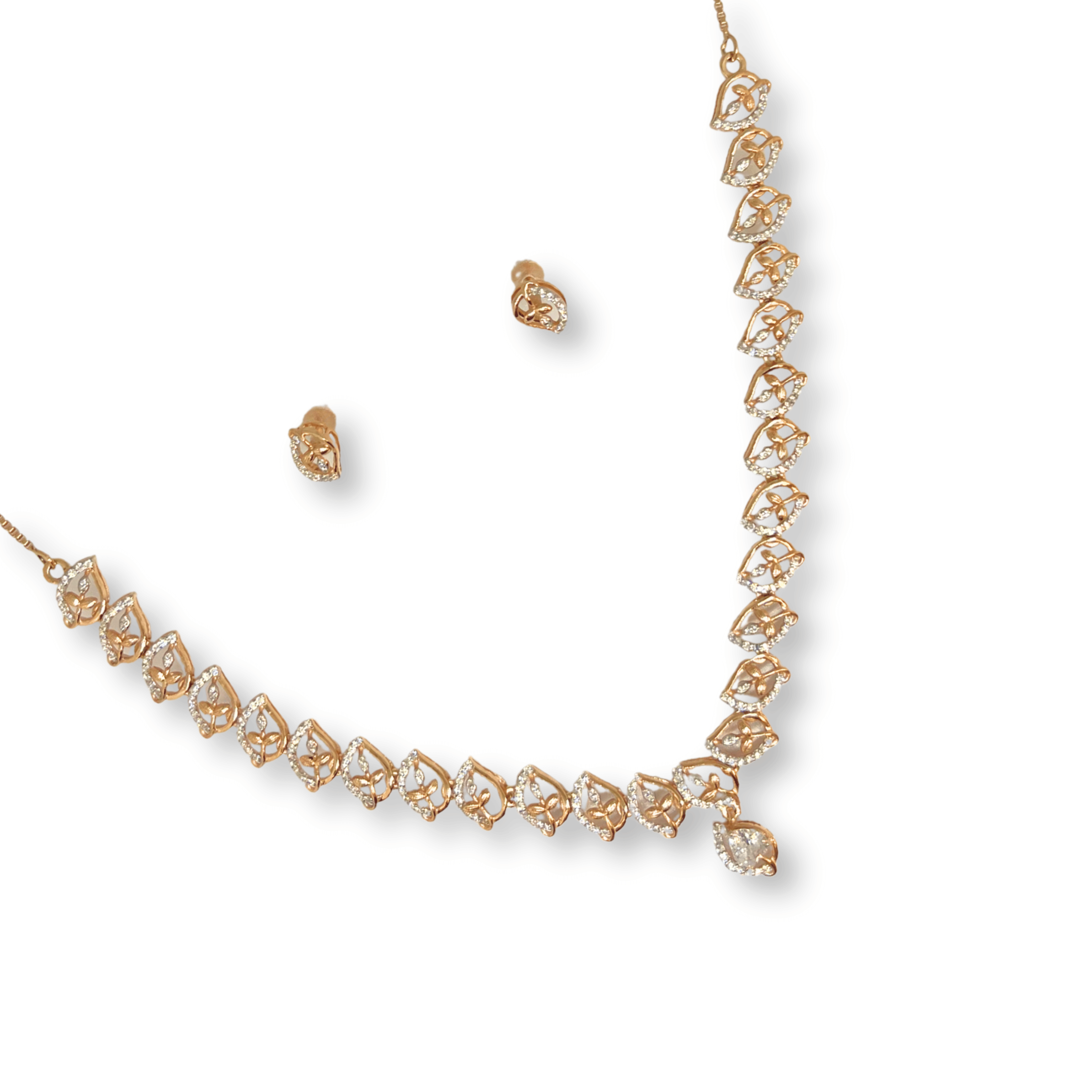 Elegant Leaf Design CZ Necklace Set with Drop Pendant & Earrings – Premium Gold Finish
