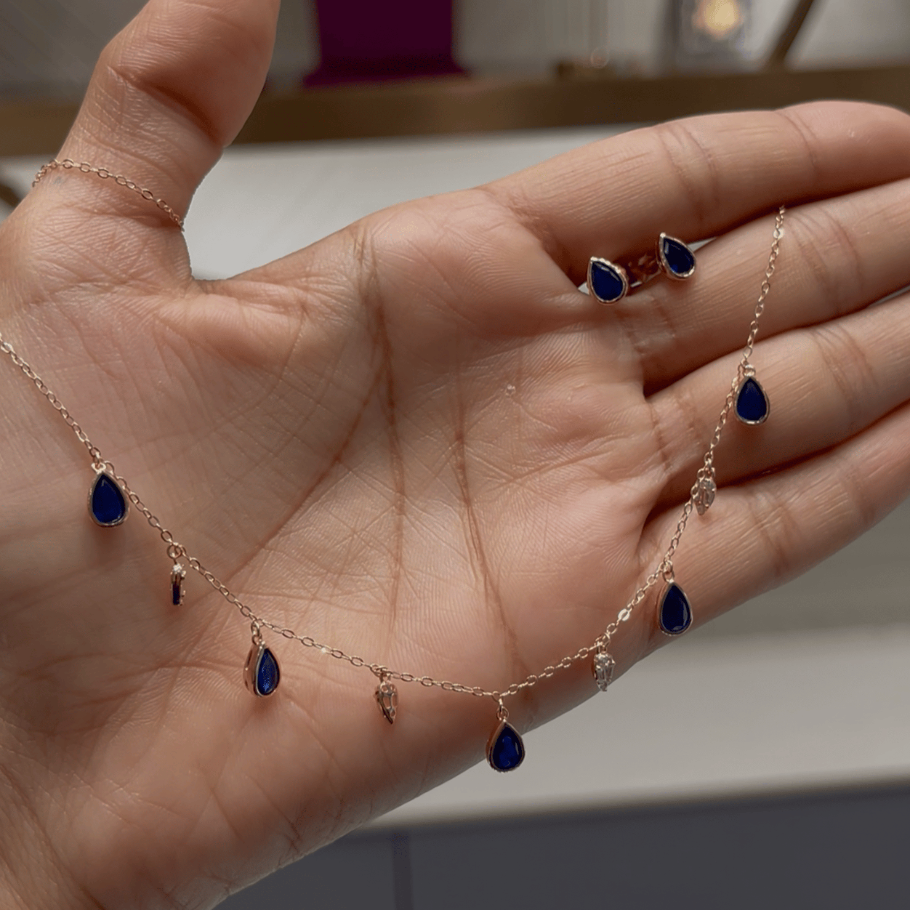 925 Silver Blue Teardrop Charm Necklace Set