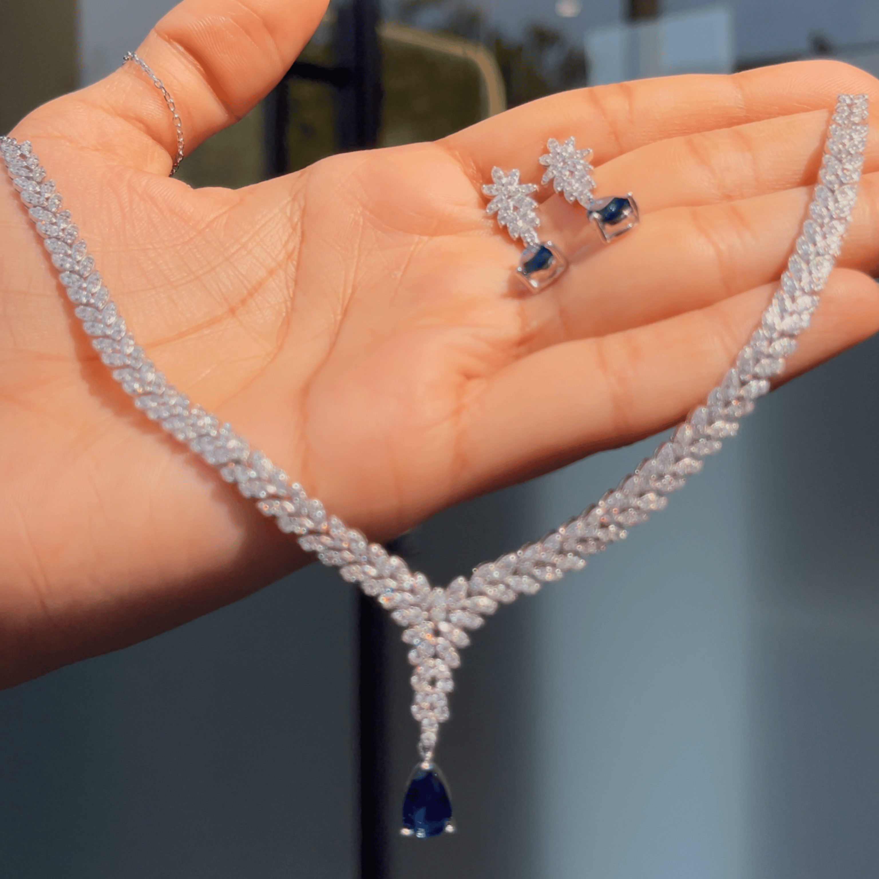 925 Silver Sapphire Drop Necklace Set