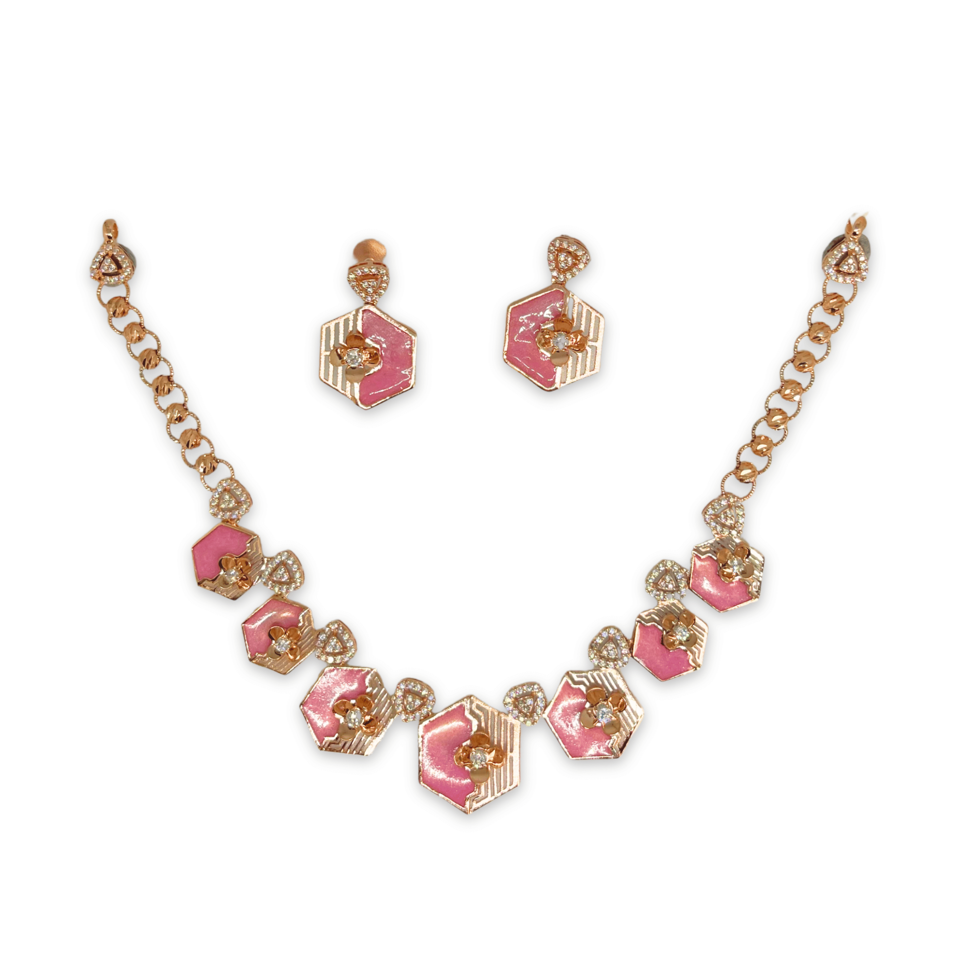 Trendy Pink Enamel Geometric Necklace Set