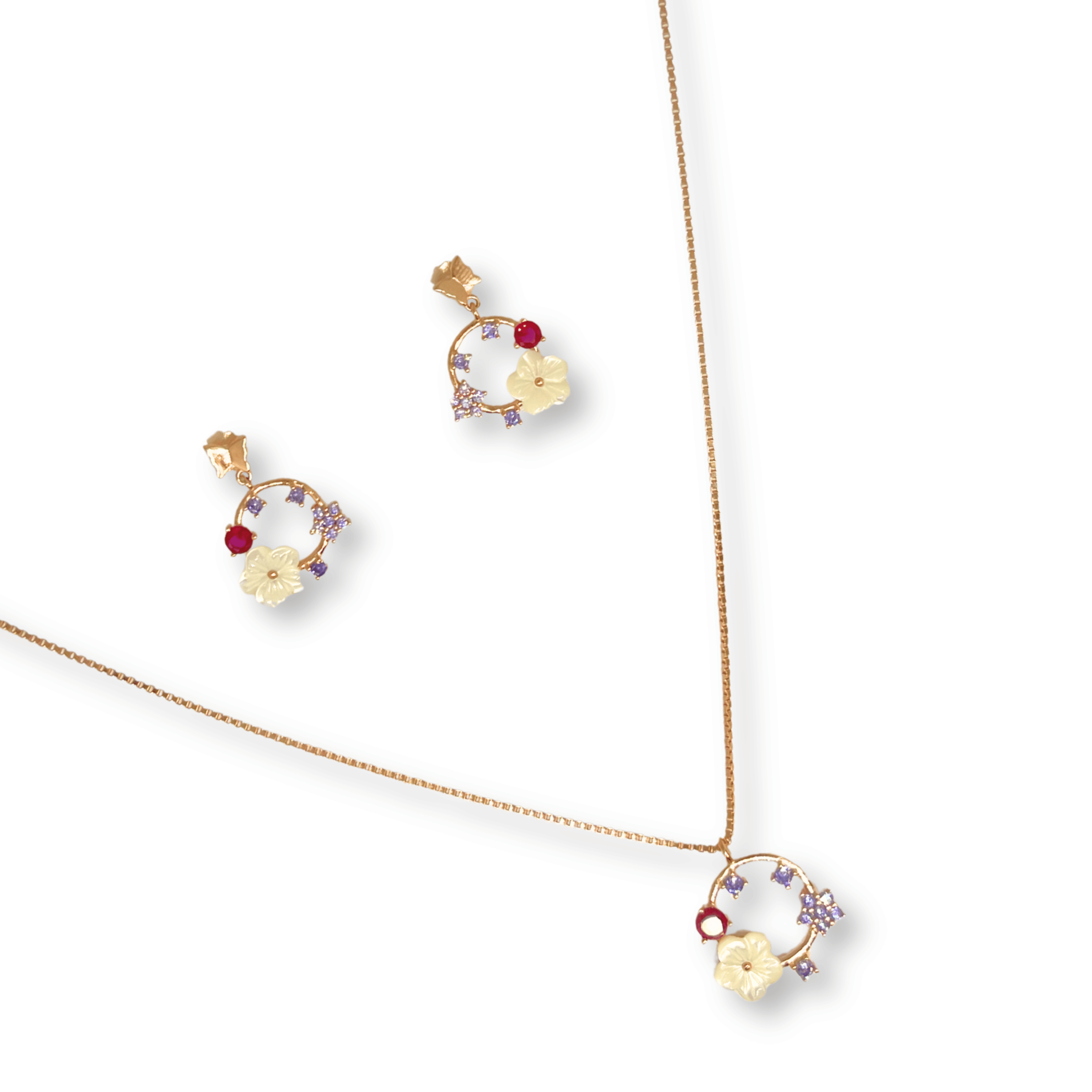Floral Circle Charm Necklace Set