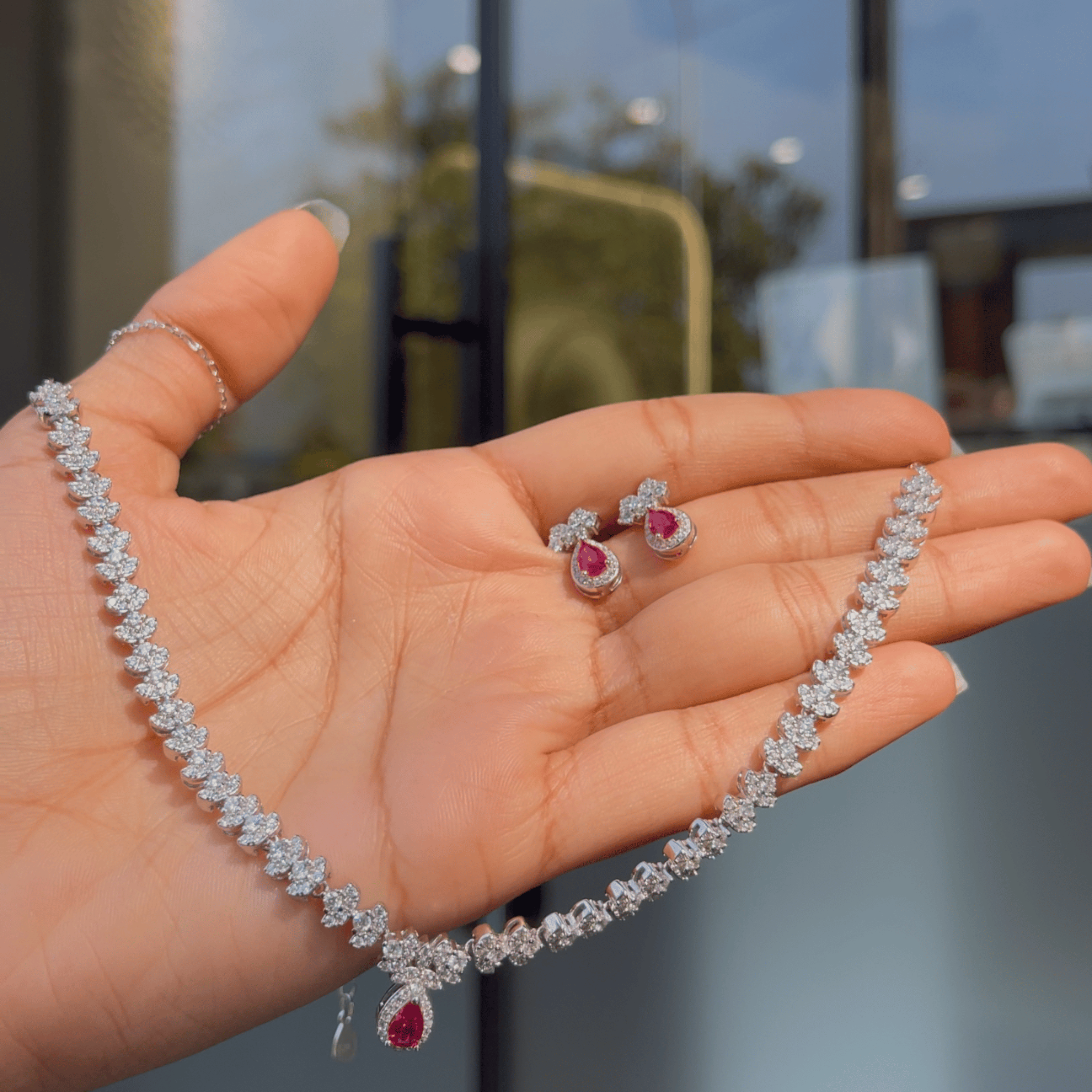 925 Silver Ruby Drop Floral Necklace Set