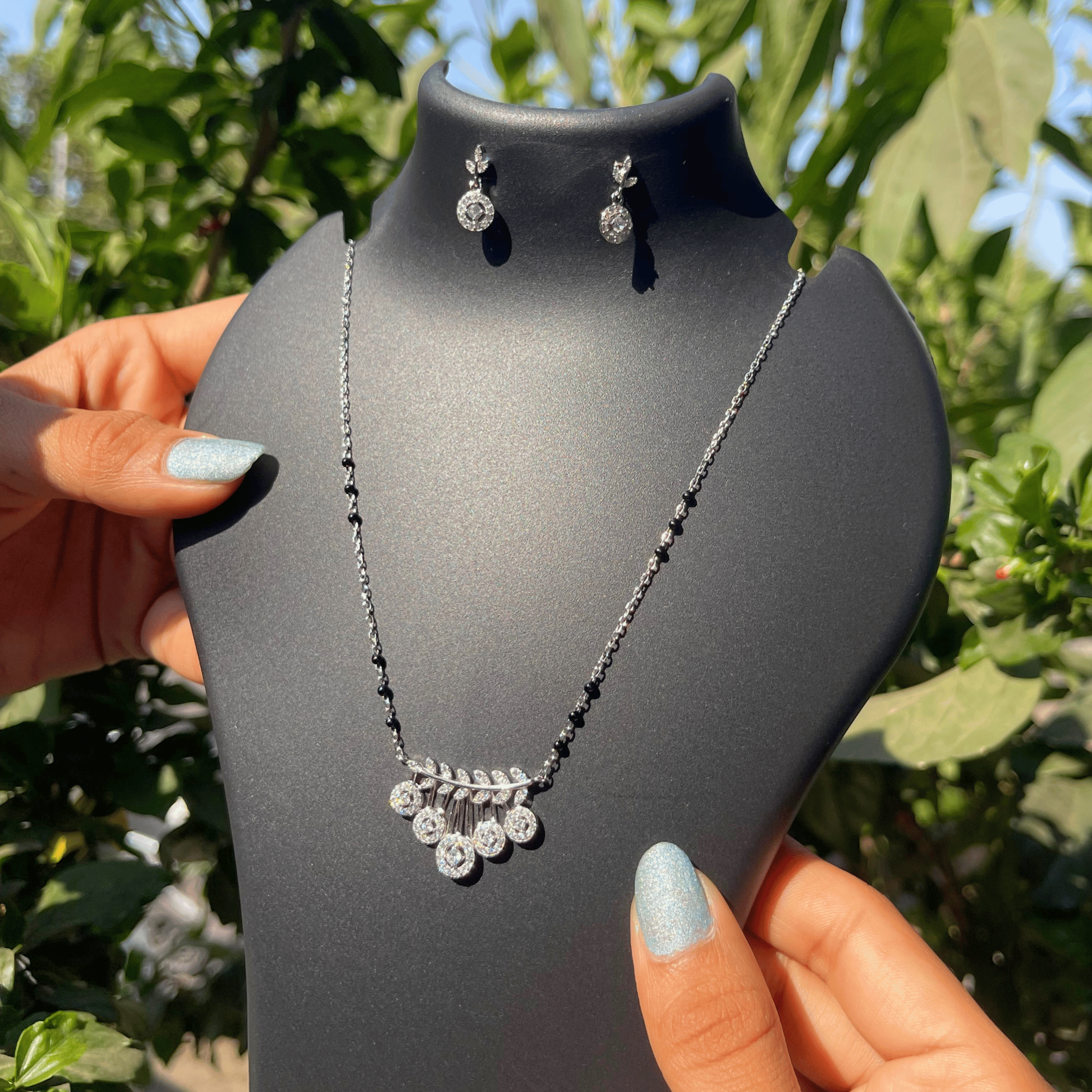 925 Silver Diamond-Style Leaf Mangalsutra Set