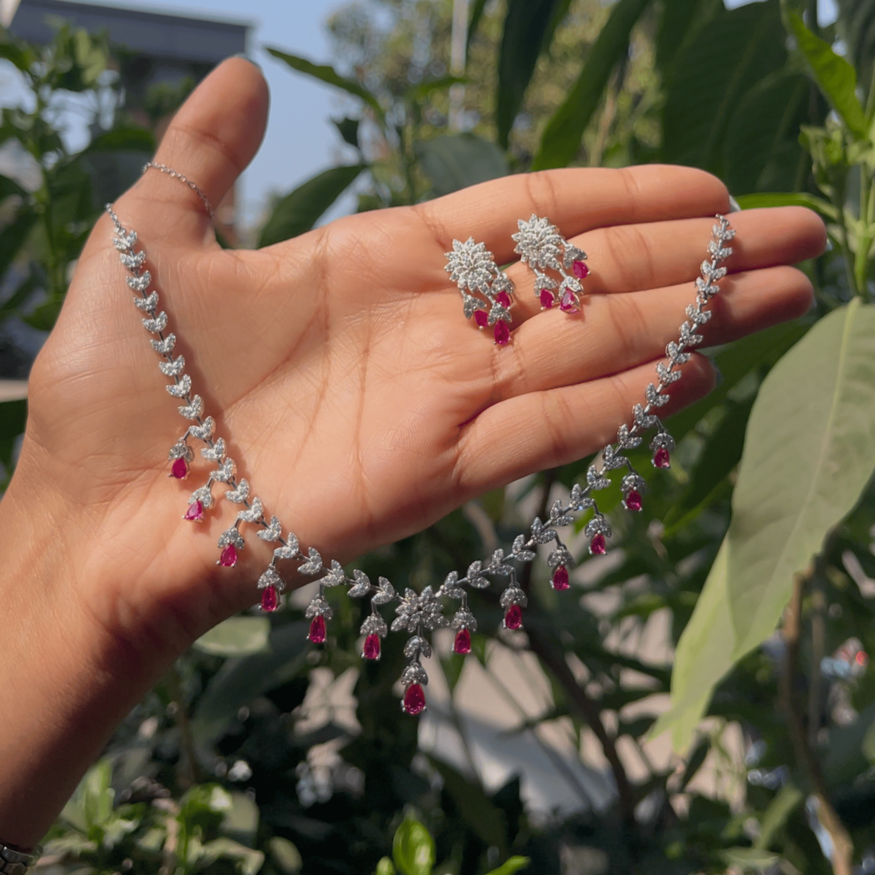 925 Silver Royal Ruby Drop Necklace Set
