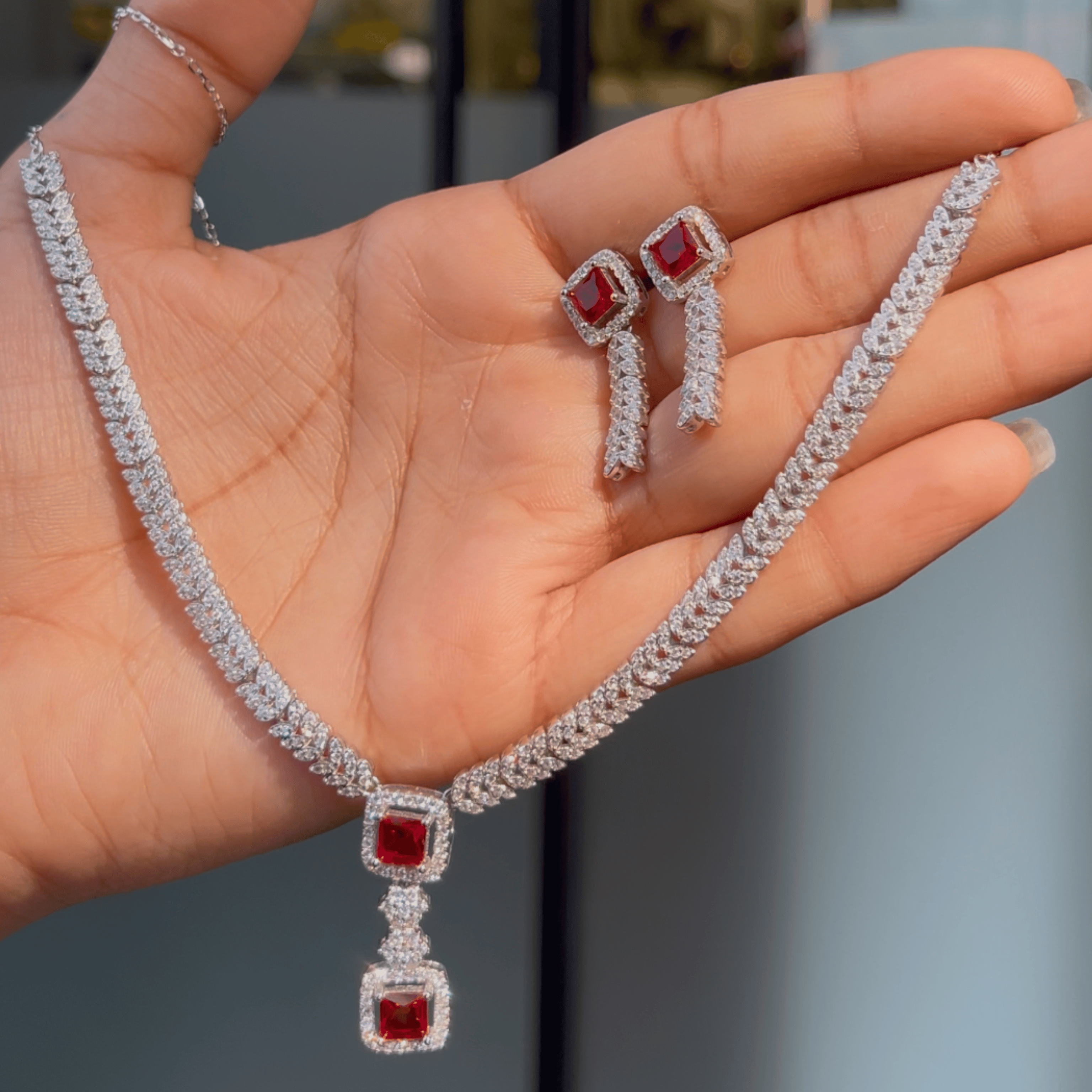 925 Silver Elegant Ruby Square Pendant Necklace Set