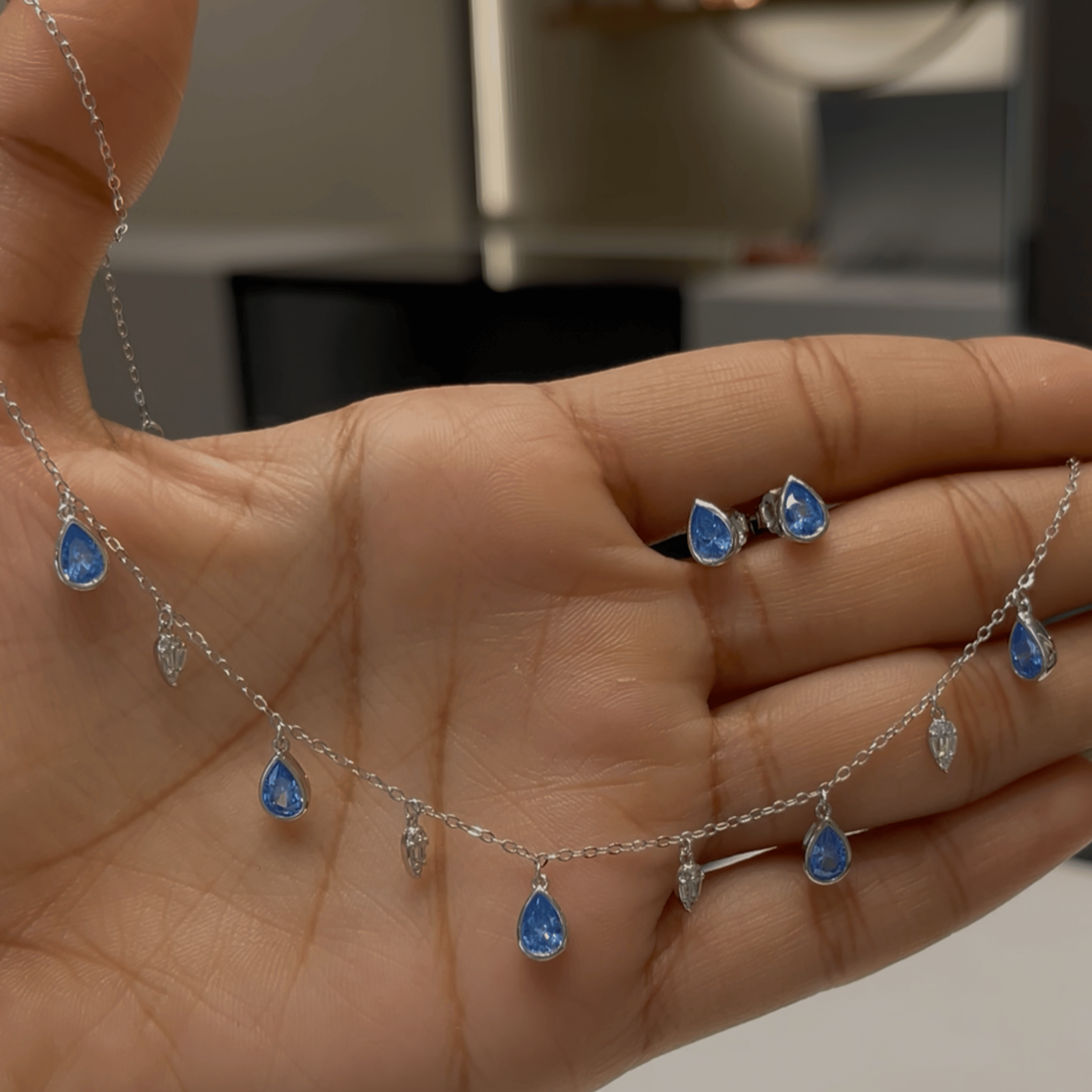 925 Silver Sky Blue Drop Charm Necklace Set